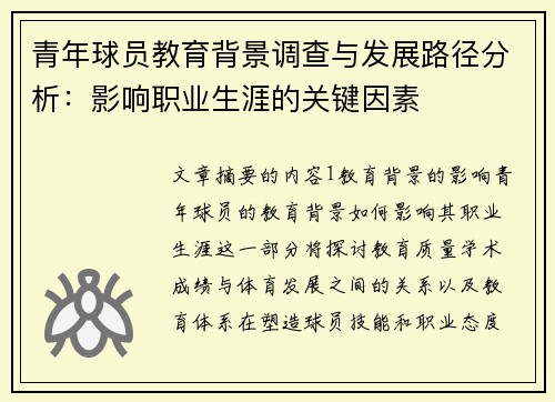 青年球员教育背景调查与发展路径分析：影响职业生涯的关键因素